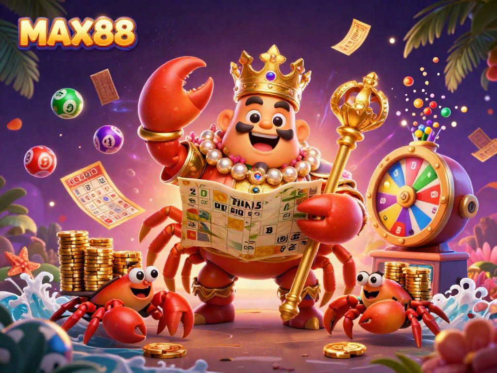 Engage in MAX88 gaming with the golden crab emperor surrounded by vibrant lottery elements.