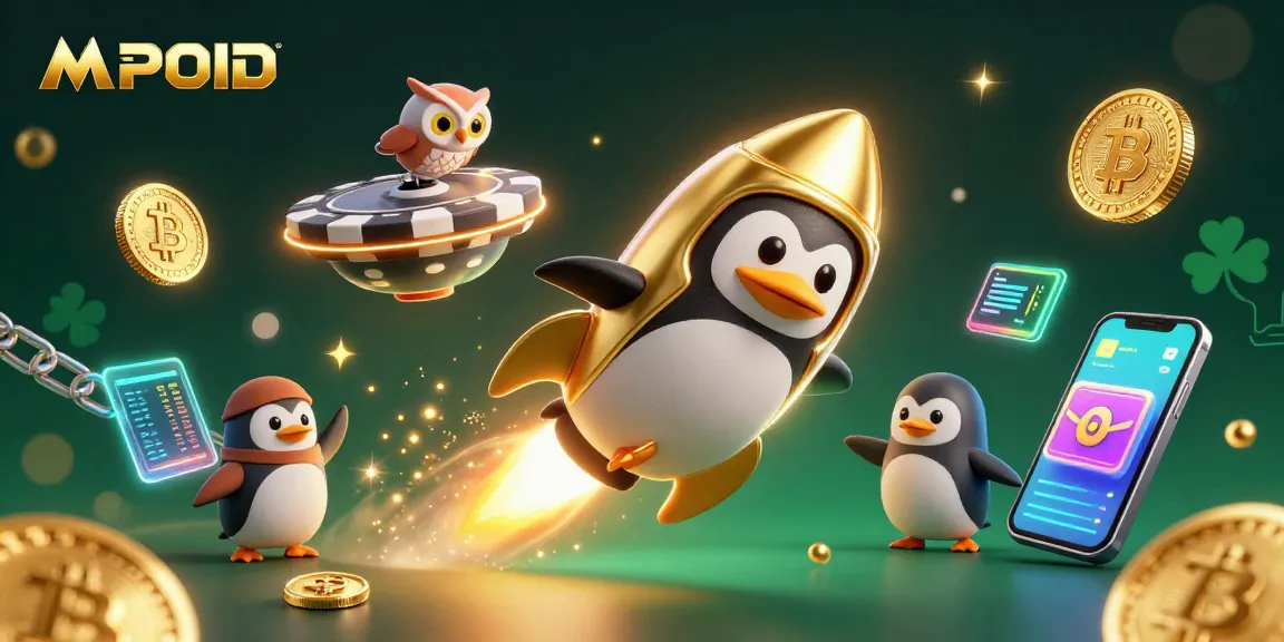 Play exciting games on MPOID with a vibrant scene depicting a golden penguin and crypto elements