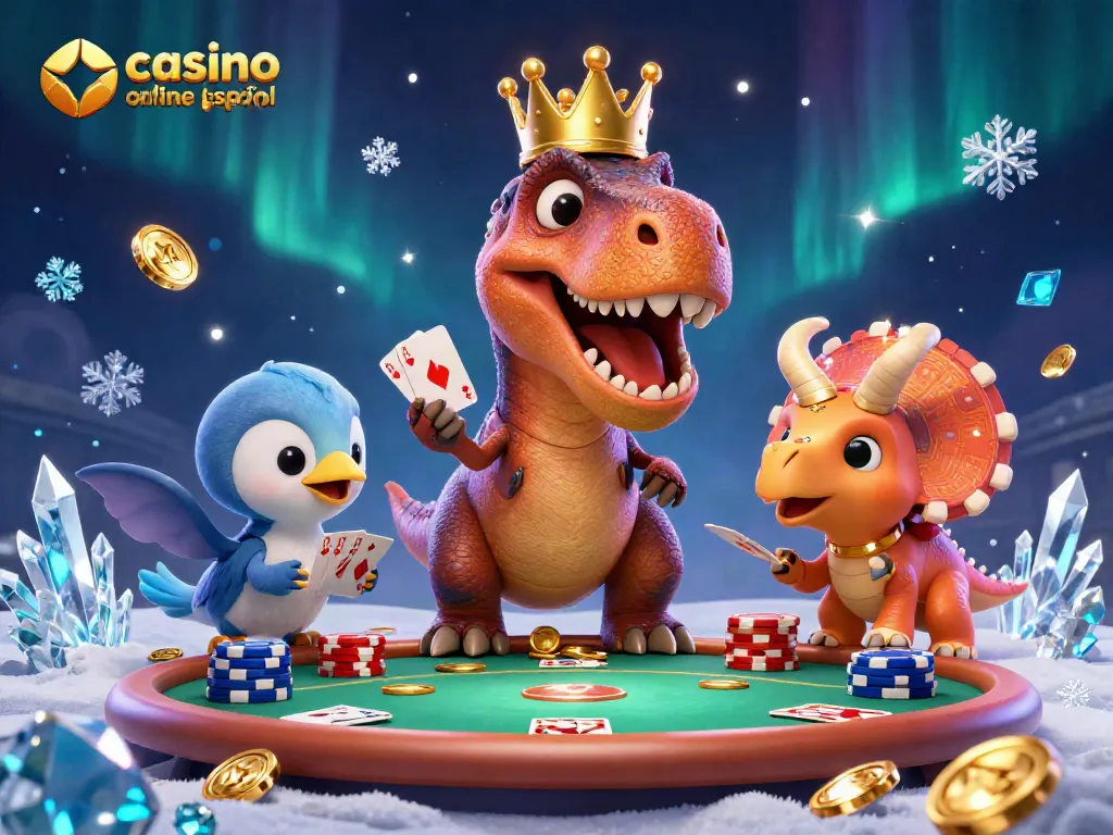 Juego emocionante de póker con un T-Rex en una corona dorada y un Triceratops apilando fichas en un casino online español.