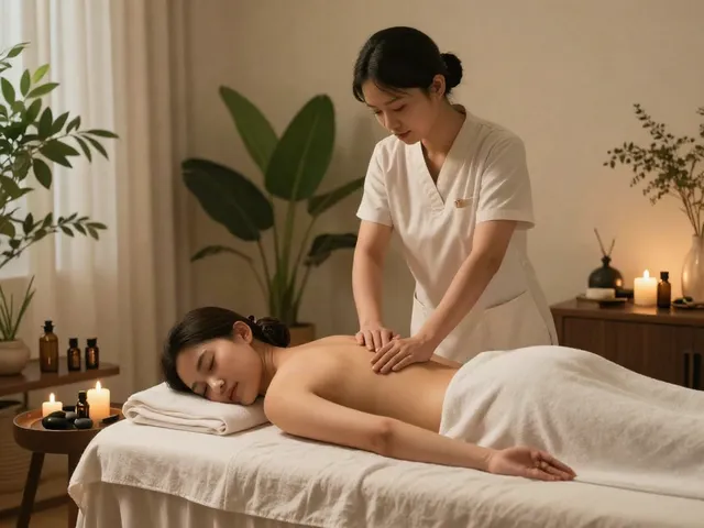 용인출장안마 in a luxurious home spa with a massage therapist and calming decor.