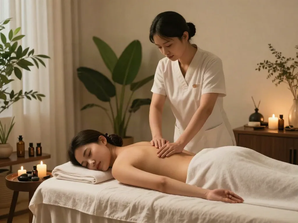 용인출장안마 in a luxurious home spa with a massage therapist and calming decor.