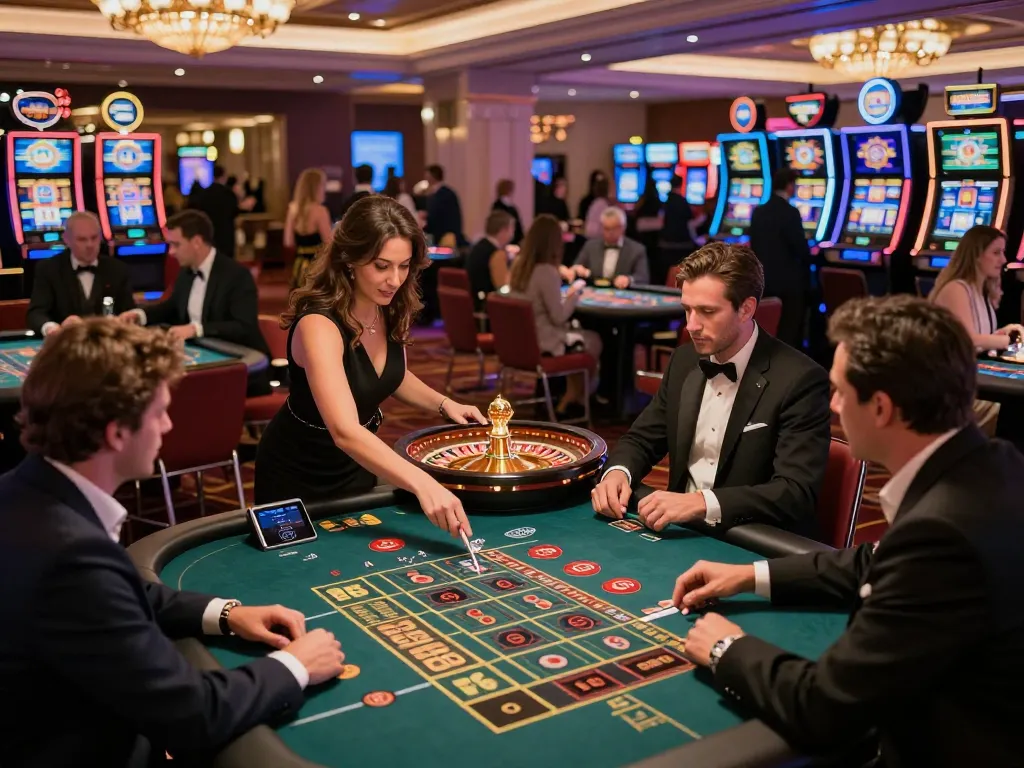 A dynamic casino scene showcasing players at tables with tr88 excitement in a vibrant, luxurious atmosphere