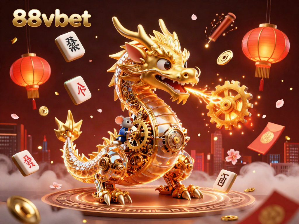 Experience the excitement of 88vbet with a dynamic scene featuring animated golden dragon and vibrant casino elements.