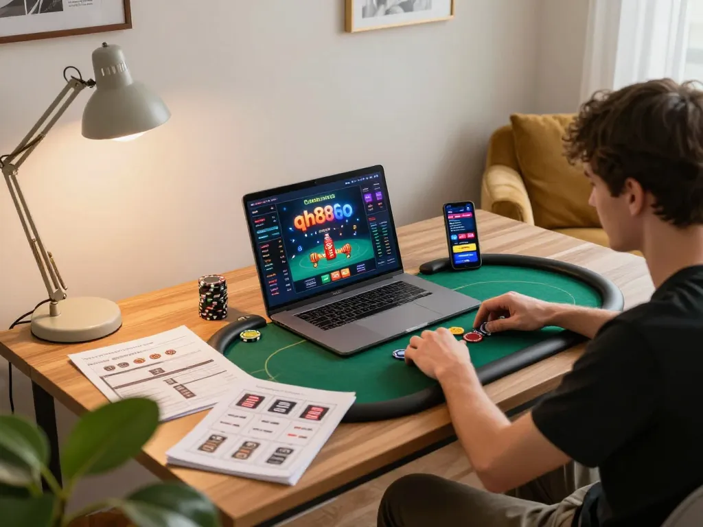 Player enjoying a strategic poker game on the qh88go app in a cozy home setup.