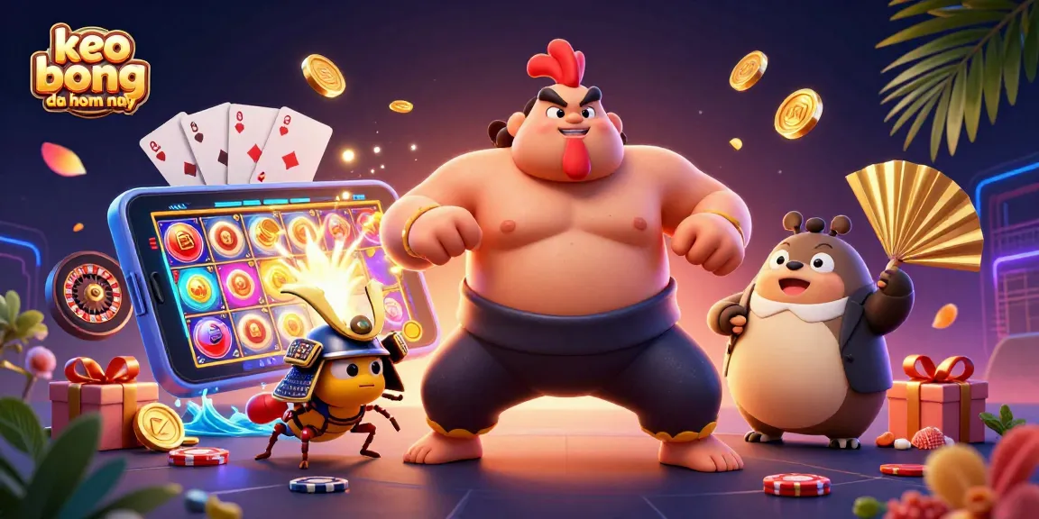 Engage with keo bong da hom nay in an action-packed 3D scene featuring vibrant gambling elements and characters.
