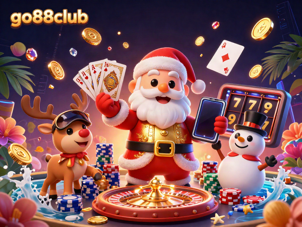 Experience the vibrant world of go88club with a festive casino scene featuring Santa and friends.