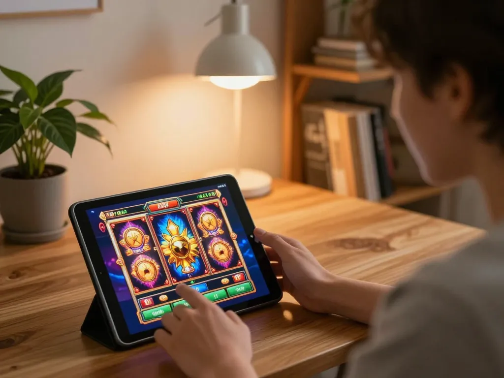 Engaging gameplay on a tablet with take2 online slots in a cozy living room