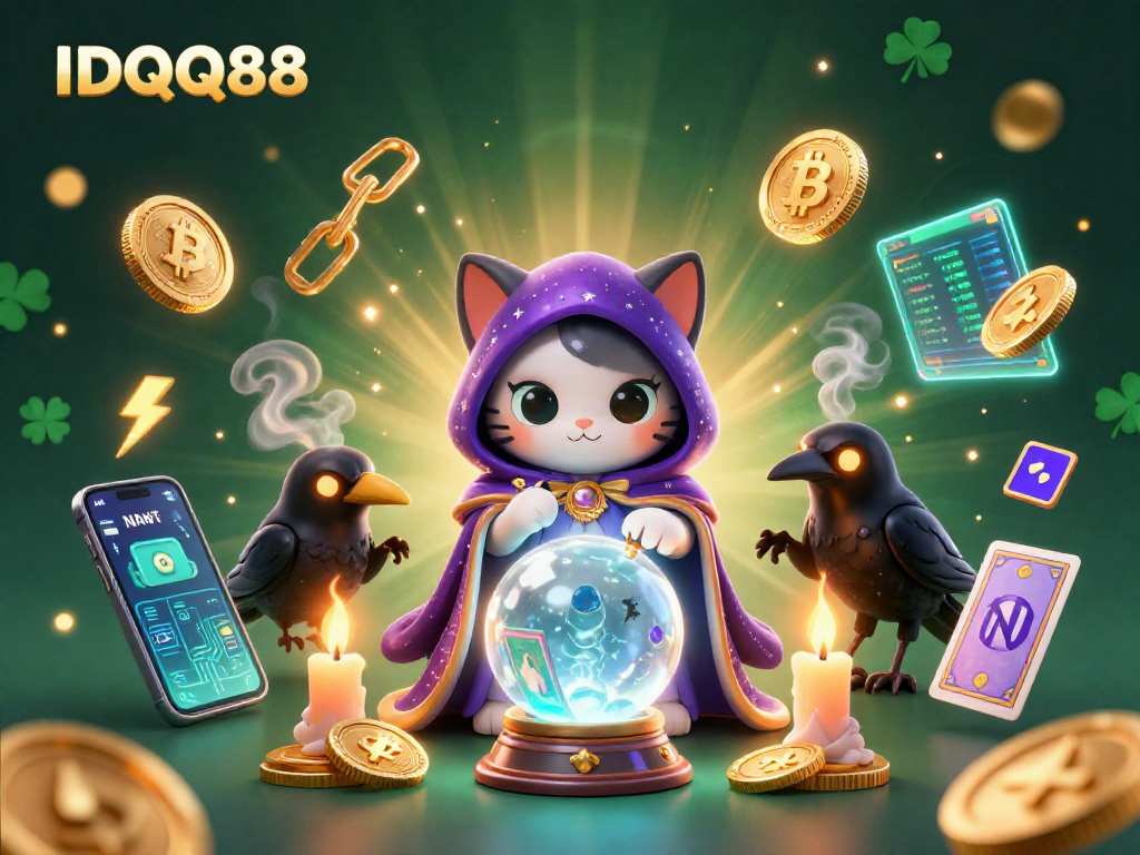 Engage with IDQQ88's mystical universe featuring a fortune teller cat and glowing cryptocurrencies.
