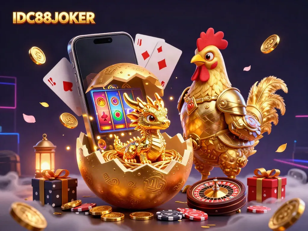 Experience thrilling gameplay with IDC88JOKER, showcasing an epic golden dragon and vibrant slot visuals.