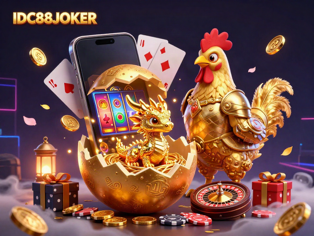 Experience thrilling gameplay with IDC88JOKER, showcasing an epic golden dragon and vibrant slot visuals.