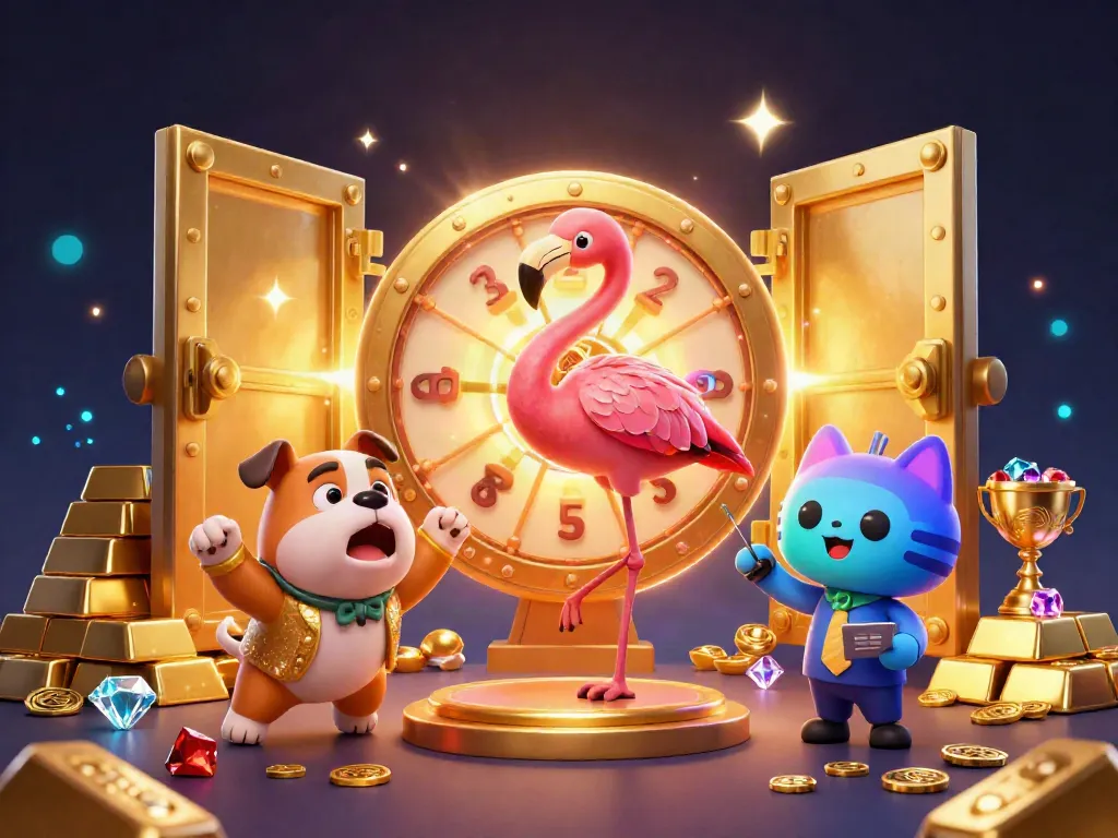Engage in thrilling gameplay at LC88 with vibrant animation featuring a game show host, a jubilant bulldog contestant, and sparkling casino treasures.
