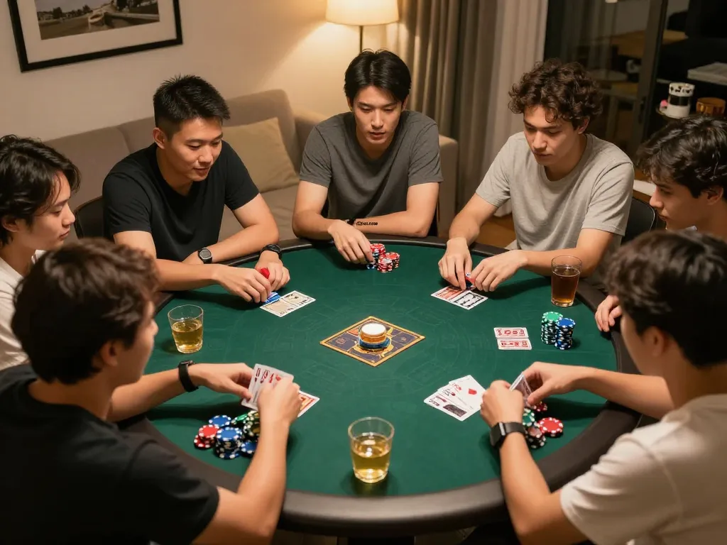 Watch video đá gà cpc2 as friends engage in friendly gambling competition around a table filled with cards and chips.