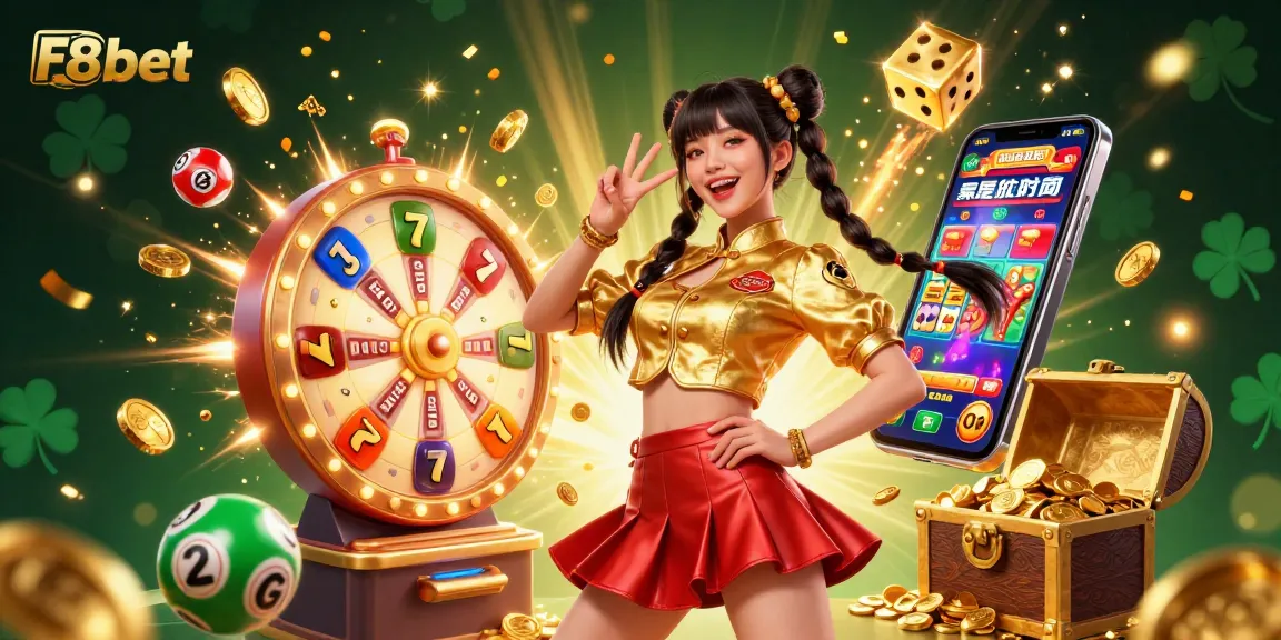 Engage with the thrilling games at F8bet, where a stunning Asian woman showcases vibrant lottery elements and exciting jackpots.