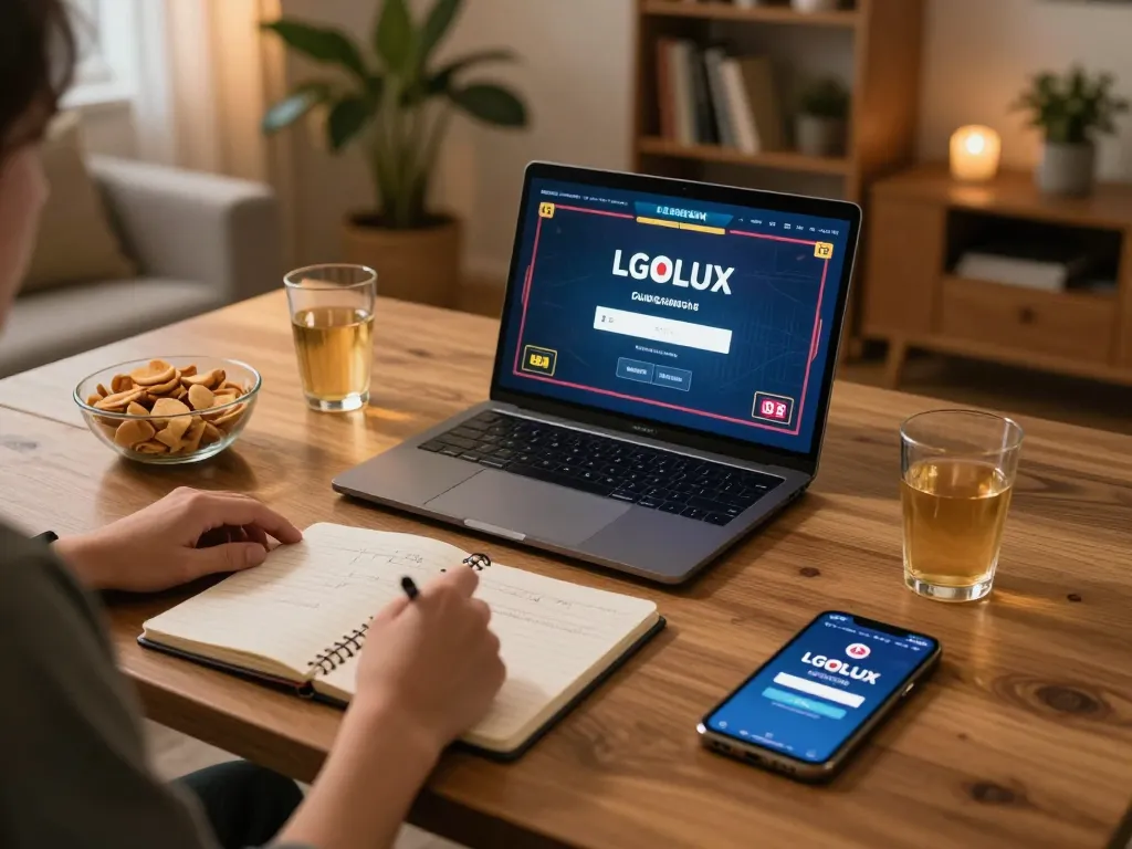 Player engaged in LGOLUX LOGIN while enjoying online gaming at home in a cozy setting