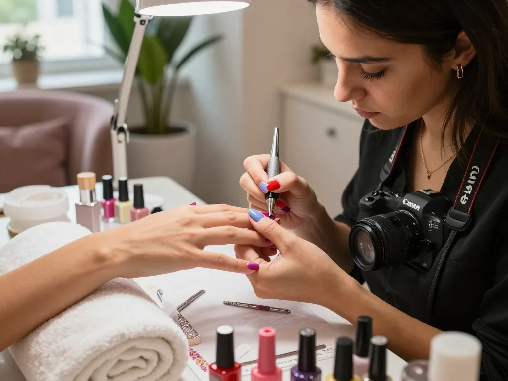 Expert technician applying gel nails in a stylish beauty salon setting.
