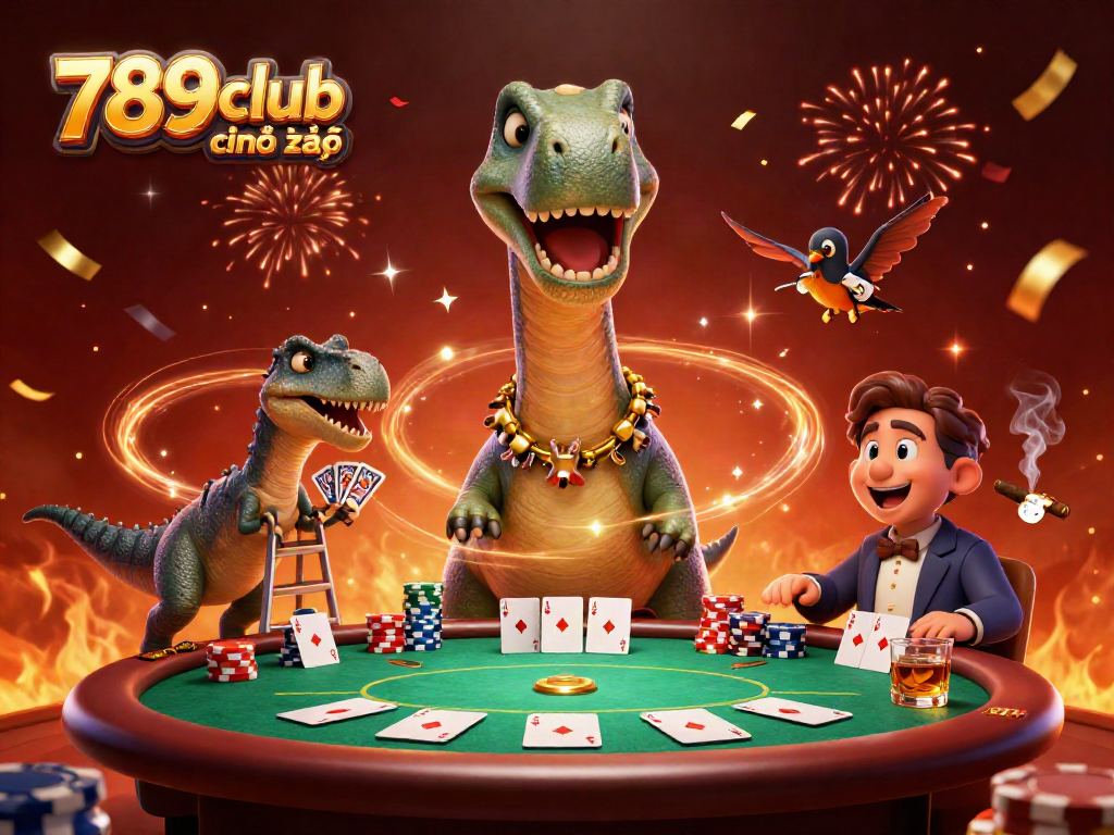 Engage in thrilling action with 789club chính chủ, as a brontosaurus watches a poker game unfold below.