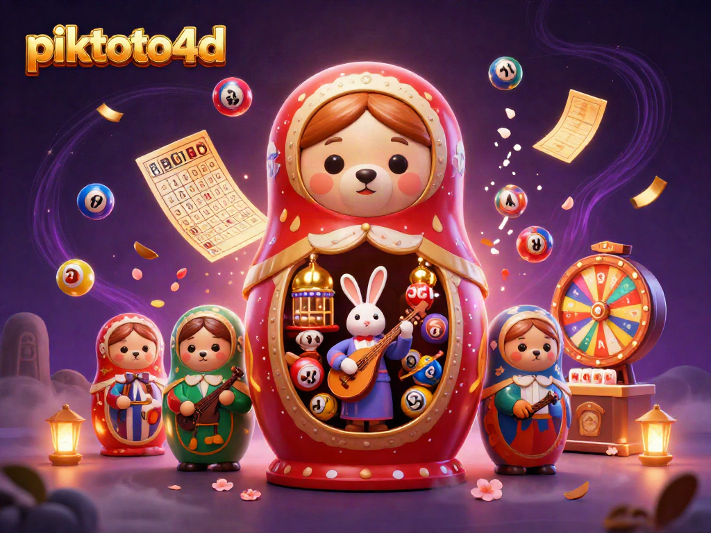 Play the lottery with piktoto4d, featuring dynamic colorful winning elements and festive characters.