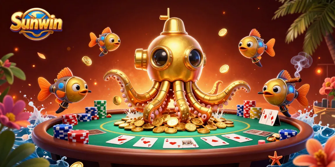 Engage with Sunwin's exhilarating poker scene featuring a golden kraken submarine amidst poker decor.