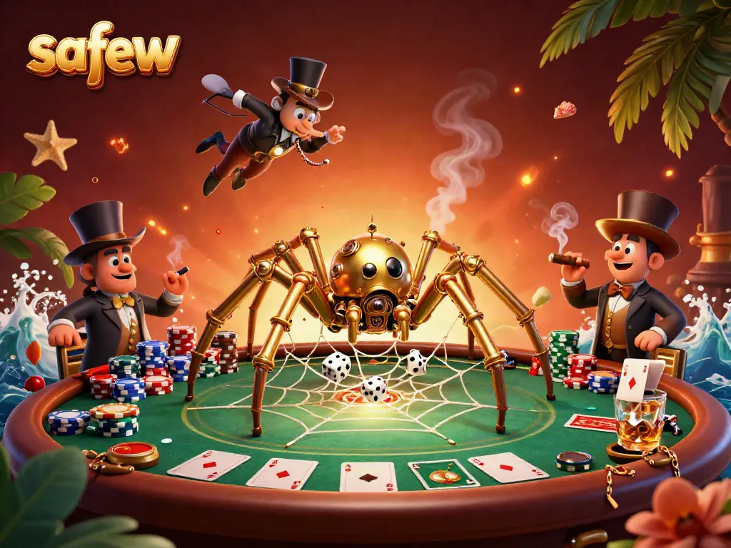 Engage in thrilling gambling with safew as a steampunk spider and fly gentleman explore poker tactics.
