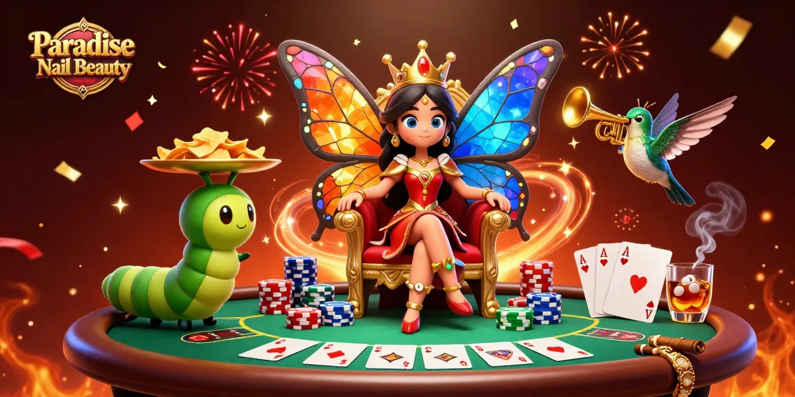 Engage with Paradise Nail Beauty's vibrant 3D casino-themed illustration featuring a butterfly queen and poker elements.