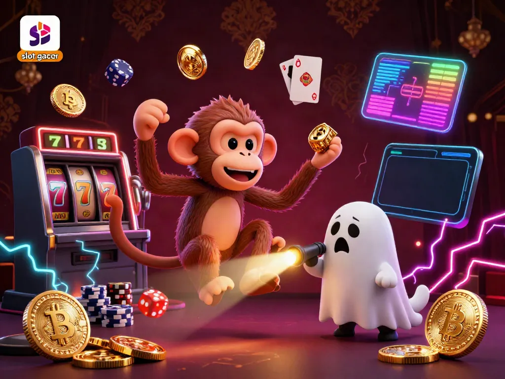 Engage with the thrilling slot gacor experience as a playful poltergeist monkey juggles golden casino items in a haunted setting.