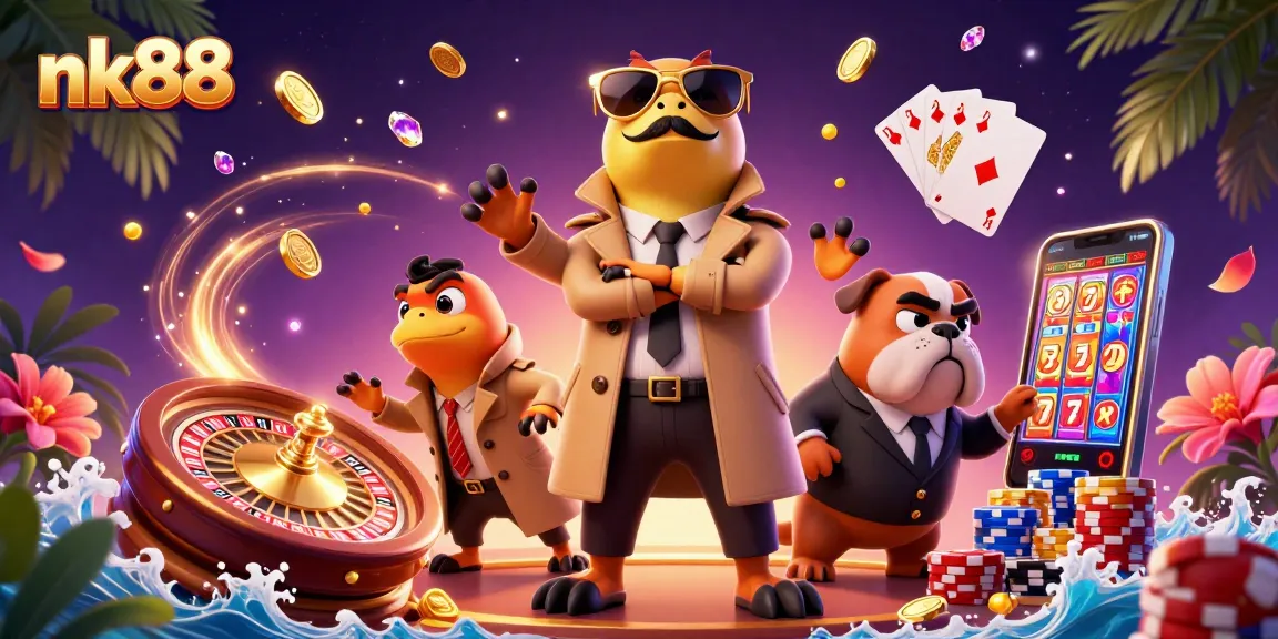 Experience nk88 excitement as raptors infiltrate a casino lounge amid cascading coins and gems.