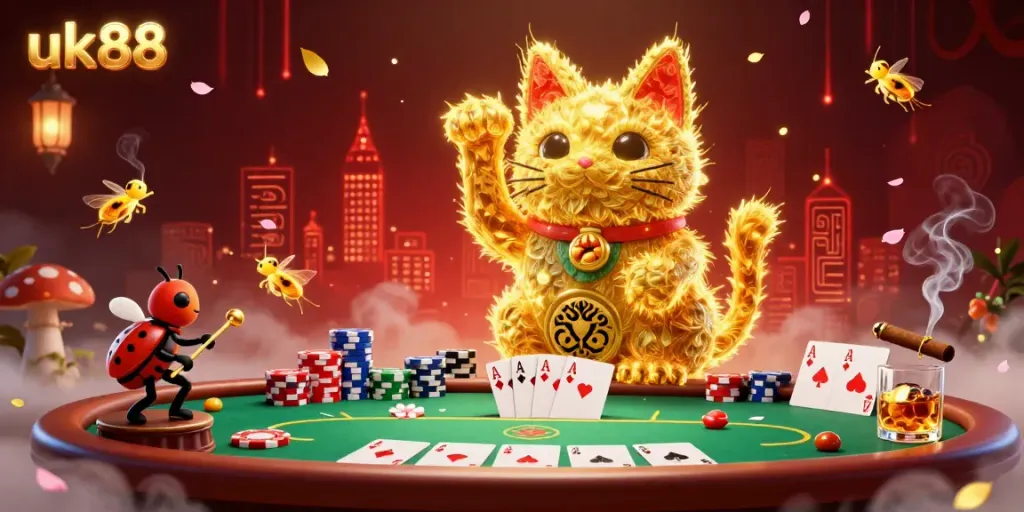 Engage in thrilling gameplay at uk88 with golden fireflies forming a lucky cat in a vibrant casino scene.