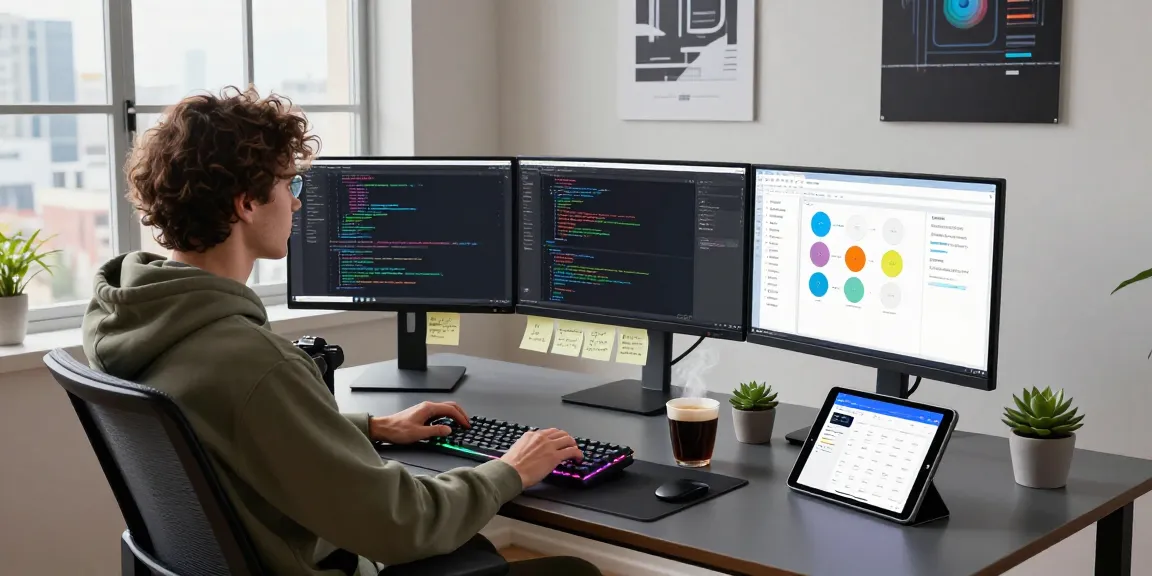 Build internal tools with AI in a modern coding workspace featuring multiple monitors and a cozy atmosphere.