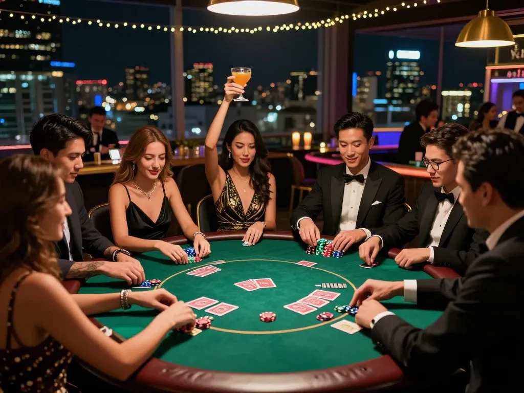Players enjoy an exhilarating poker game at the stylish rooftop bar, engaging with mantra88's vibrant casino atmosphere.