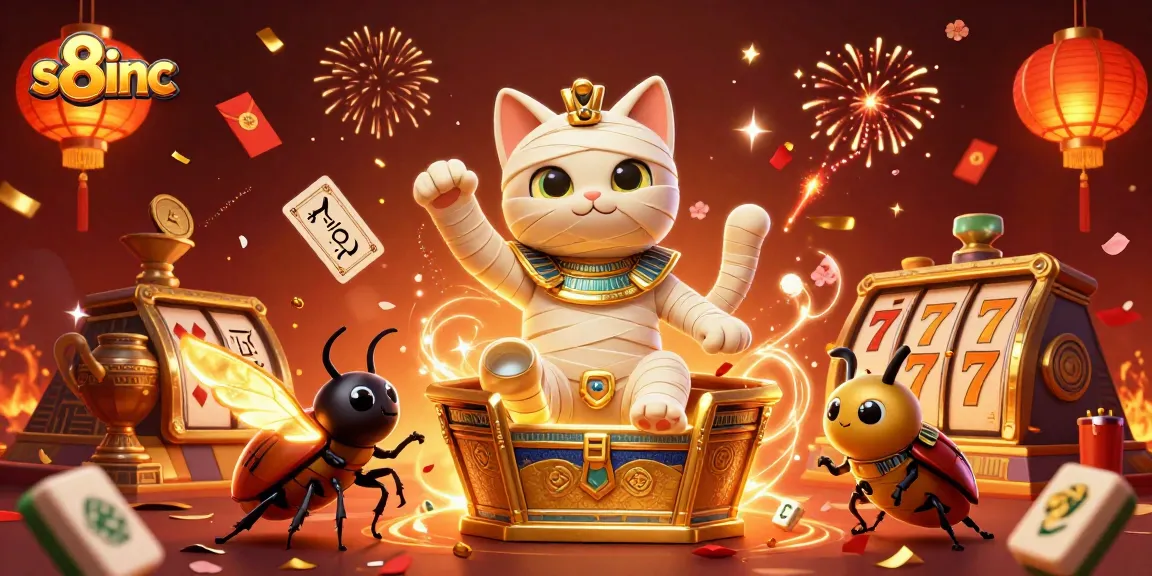 Engage with exciting slots and games at s8inc, featuring an Egyptian mummy cat in a vivid casino.