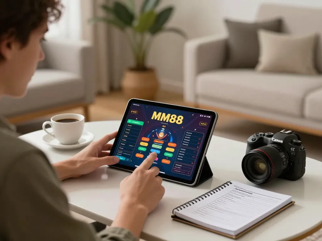 Player engaging in online gambling with MM88, showcasing strategic notes and betting interface in a cozy home environment.