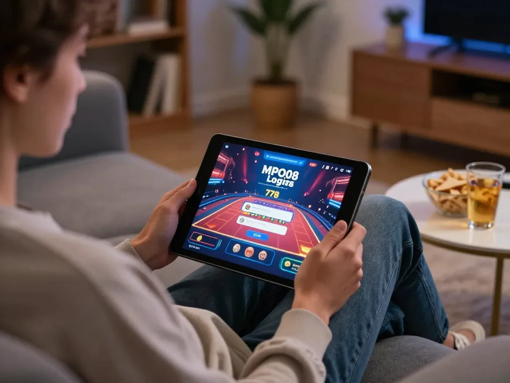 MPO08 Login 778 promotes interactive online gaming experience on a tablet, showcasing colorful graphics.