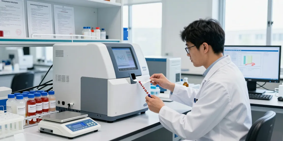 Researcher analyzing Canadian research peptides in a modern lab with HPLC machine and certificates of analysis.