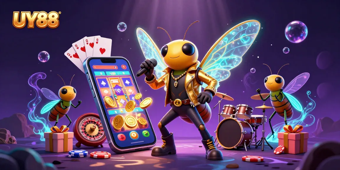Experience the excitement of UY88 with a vibrant scene of animated casino elements and characters.