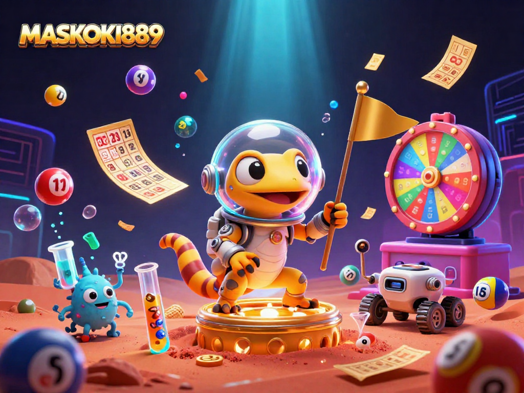 Win big at MASKOKI889 with a vibrant scene of playful Martian gecko uncovering casino treasures!