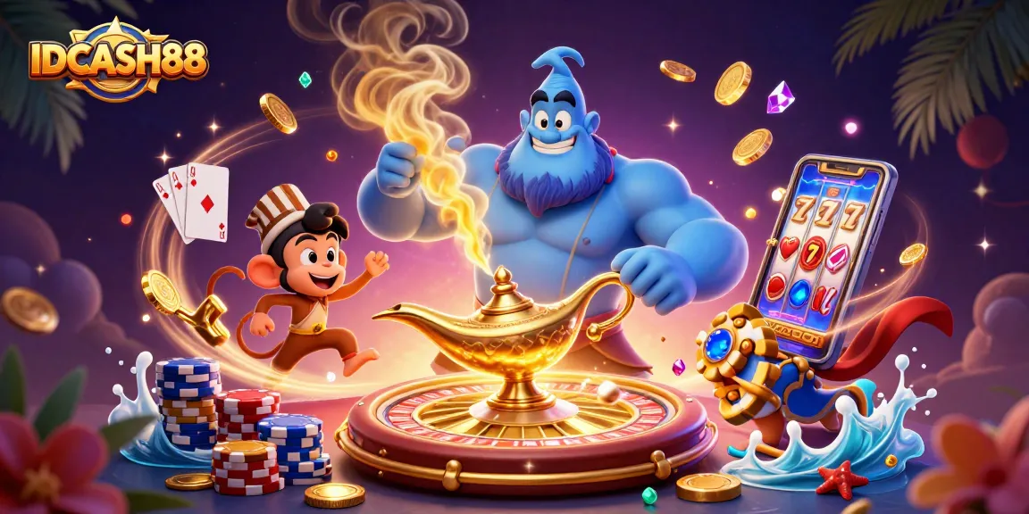 Experience the excitement of IDCASH88 with a vibrant scene of a blue genie and poker chips.