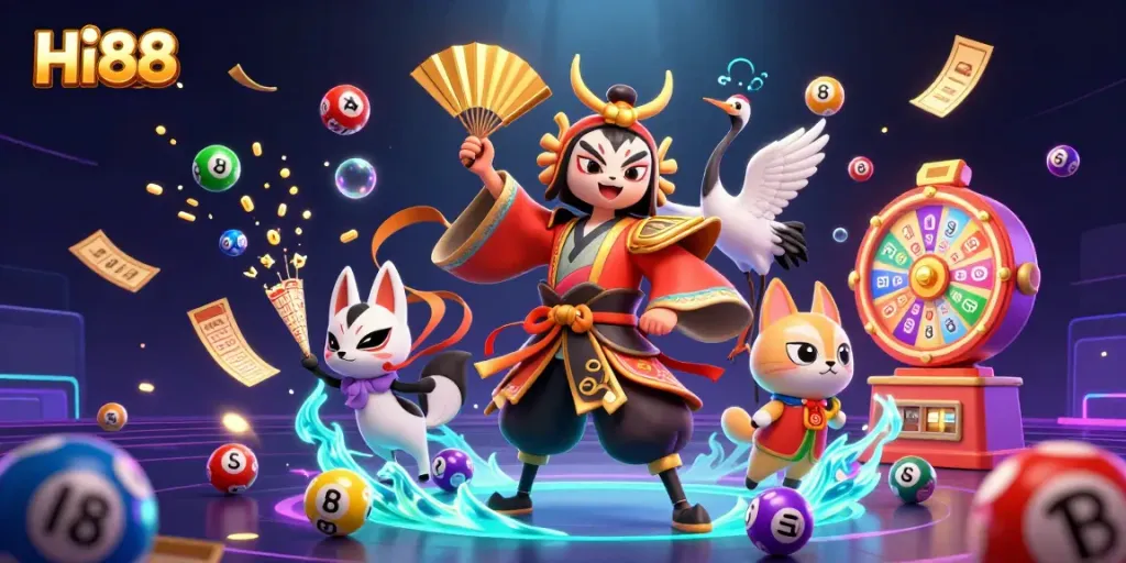 Experience Hi88's vibrant casino atmosphere with a kabuki warrior and bingo games surrounded by lottery elements.
