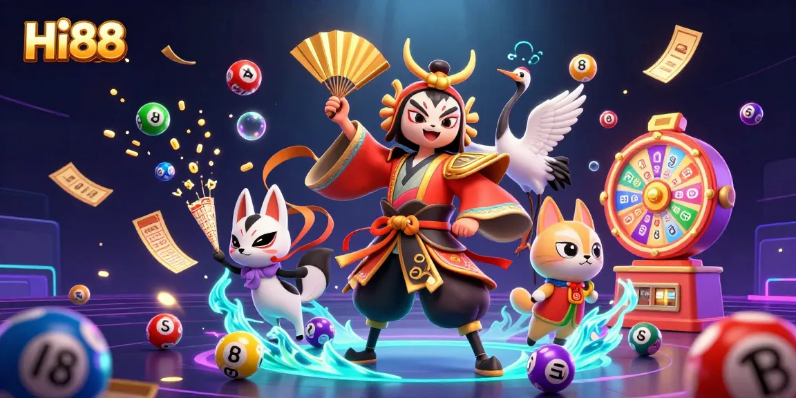 Experience Hi88's vibrant casino atmosphere with a kabuki warrior and bingo games surrounded by lottery elements.