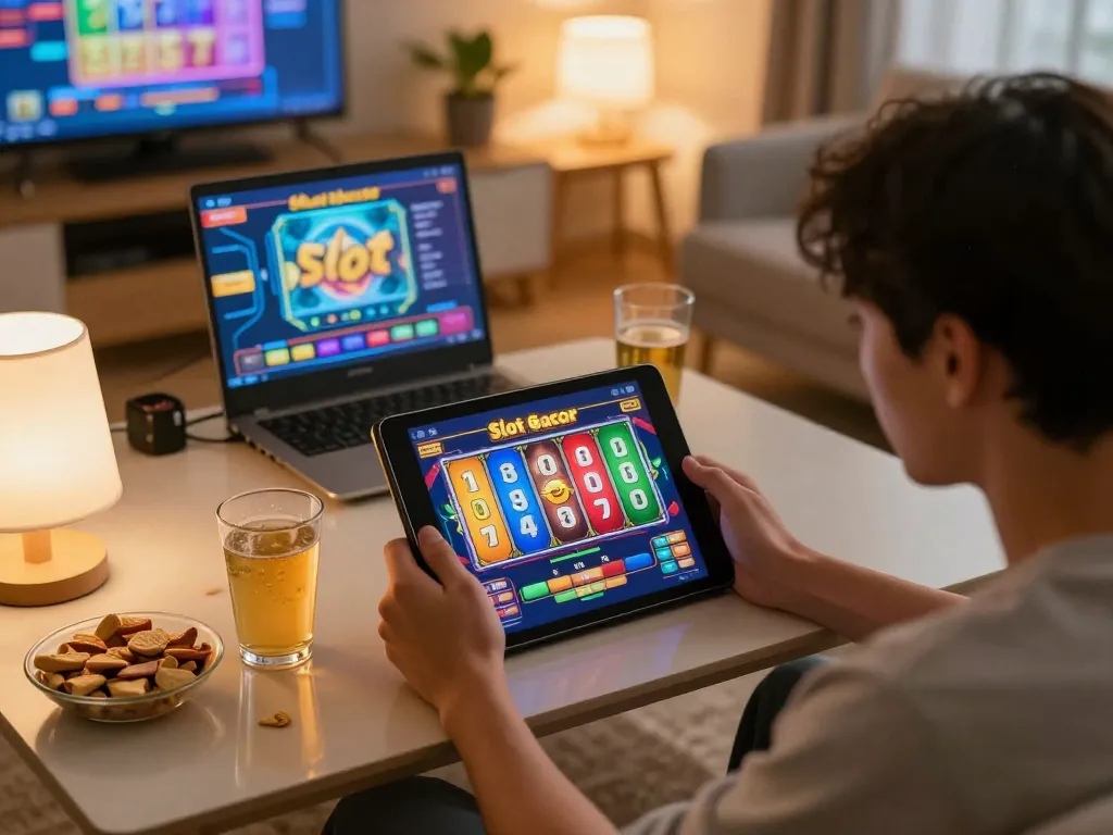 Player enjoying Slot Gacor online gaming session on tablet, focused atmosphere and vibrant home decor.