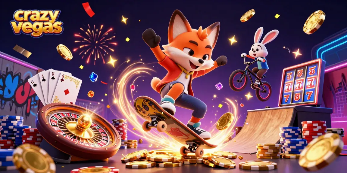 Experience excitement at crazyvegas with skateboarder fox and BMX rabbit amidst casino-themed chaos.