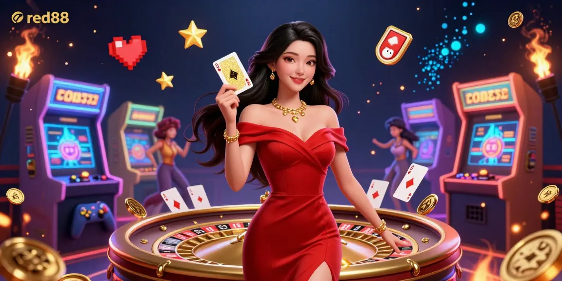 Experience thrilling gameplay at red88 with a stunning young woman beside a golden roulette wheel.