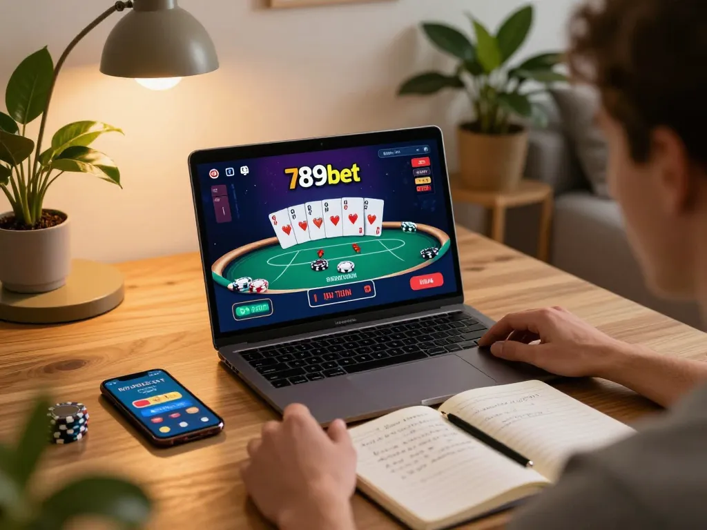 Engaged user playing poker on 789bet in a cozy home setting with strategies visible.