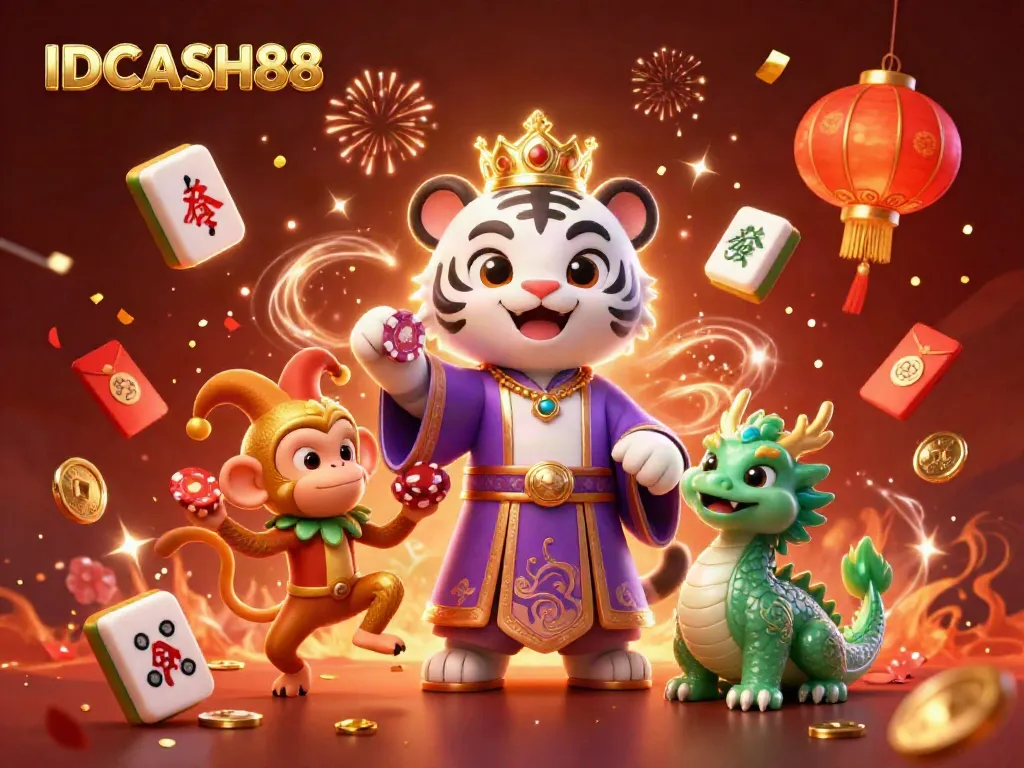 Experience IDCASH88's vibrant casino world with the white tiger, golden monkey, and jade dragon in a festive 3D scene.