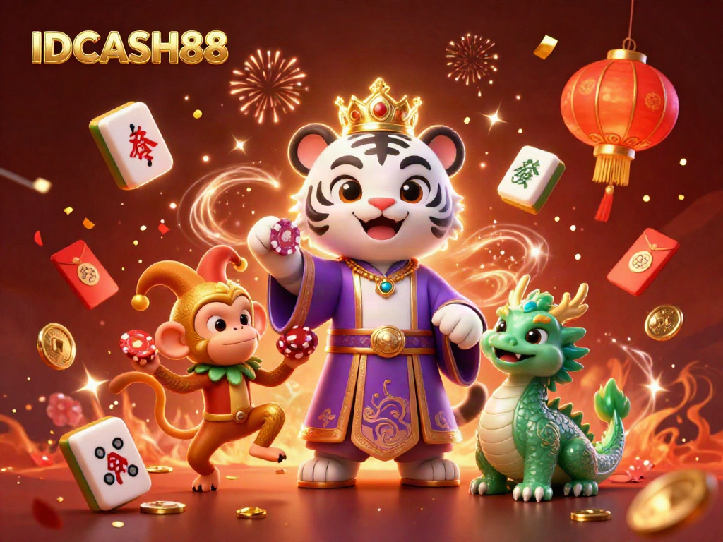 Experience IDCASH88's vibrant casino world with the white tiger, golden monkey, and jade dragon in a festive 3D scene.