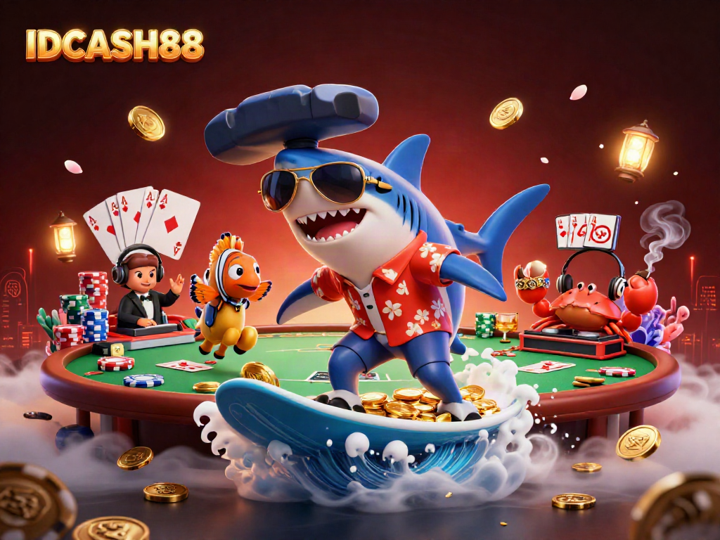 Experience thrilling gameplay with IDCASH88, featuring vibrant casino characters amidst poker and gaming elements.