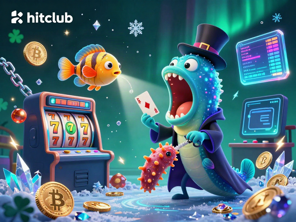 Engage with hitclub at a magical casino scene featuring sea creatures performing tricks amidst crypto coins.