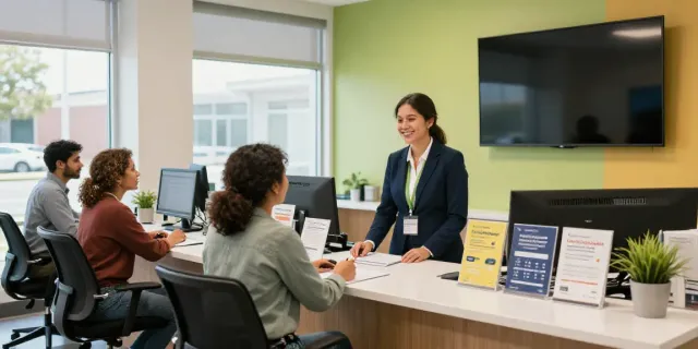 Customer engagement at Trademark credit union with professional staff assisting diverse clientele.