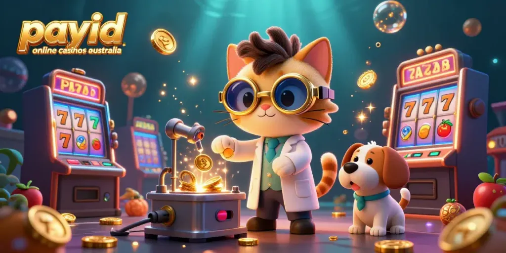 Experience the excitement of payid online casinos australia with this dynamic 3D comic illustration of a mad scientist cat creating winning slots.
