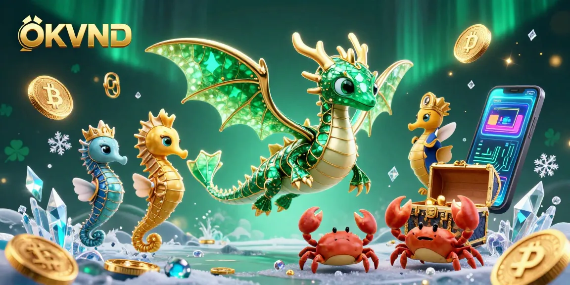 Engage with OKVND's vibrant gaming scene featuring a majestic sea dragon and crypto elements.
