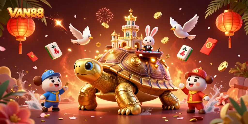 Experience thrilling games at VAN88 with a vibrant, animated casino scene featuring a rabbit dealer and golden tortoise.